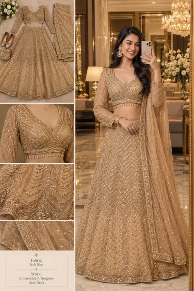 Minimalist Golden Chinon Silk Lehenga Choli with All Over Sequin Embroidery For Bridal  Designer Lehenga Choli