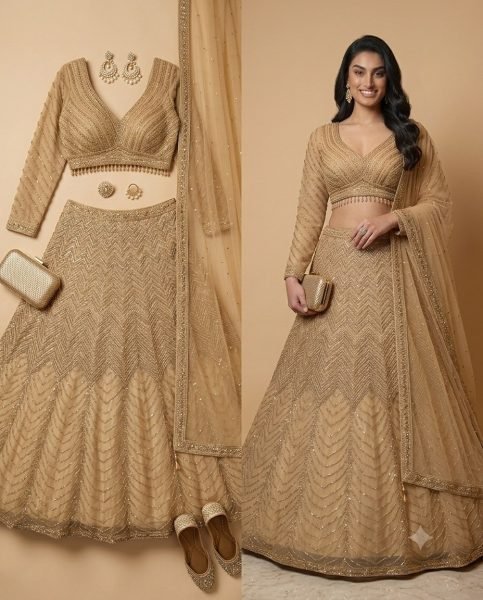 Minimalist Golden Chinon Silk Lehenga Choli with All Over Sequin Embroidery For Bridal  Designer Lehenga Choli
