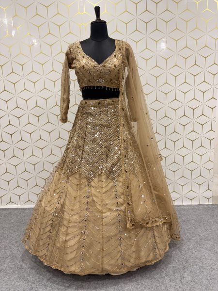 Minimalist Golden Chinon Silk Lehenga Choli with All Over Sequin Embroidery For Bridal  Designer Lehenga Choli