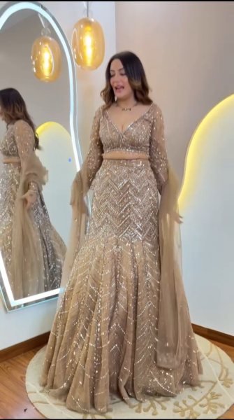 Minimalist Golden Chinon Silk Lehenga Choli with All Over Sequin Embroidery For Bridal  Designer Lehenga Choli