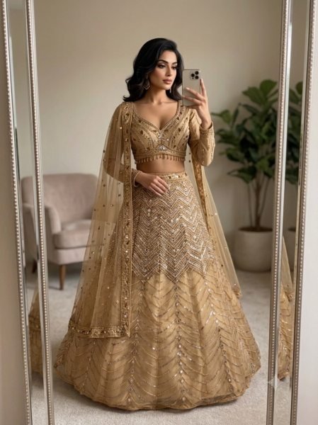 Minimalist Golden Chinon Silk Lehenga Choli with All Over Sequin Embroidery For Bridal  Designer Lehenga Choli