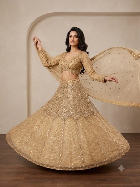 Minimalist Golden Chinon Silk Lehenga Choli with All Over Sequin Embroidery For Bridal  Designer Lehenga Choli