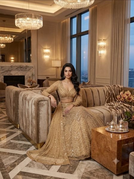 Minimalist Golden Chinon Silk Lehenga Choli with All Over Sequin Embroidery For Bridal  Designer Lehenga Choli