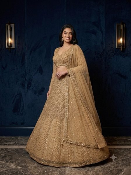 Minimalist Golden Chinon Silk Lehenga Choli with All Over Sequin Embroidery For Bridal  Designer Lehenga Choli