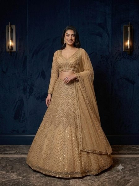 Minimalist Golden Chinon Silk Lehenga Choli with All Over Sequin Embroidery For Bridal  Designer Lehenga Choli
