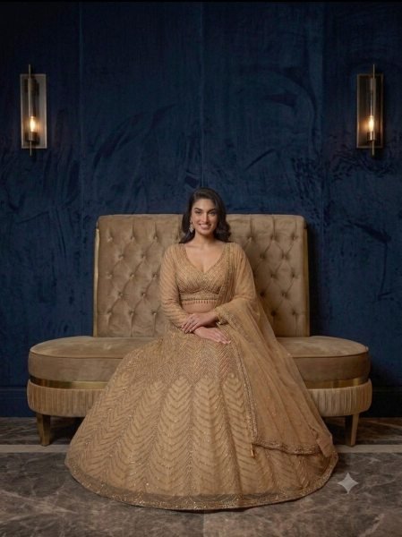Minimalist Golden Chinon Silk Lehenga Choli with All Over Sequin Embroidery For Bridal  Designer Lehenga Choli