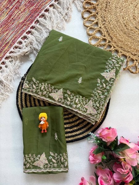 Minimalist Green Star Georgette Saree with C Pallu Embroidery and Sequins Work Georgette Sarees Wholesale