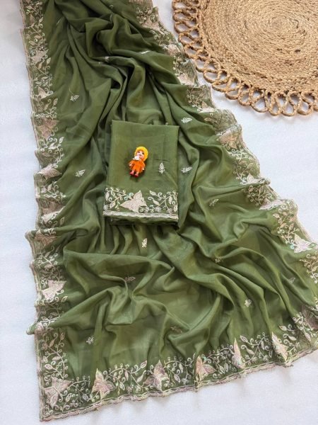 Minimalist Green Star Georgette Saree with C Pallu Embroidery and Sequins Work Georgette Sarees Wholesale
