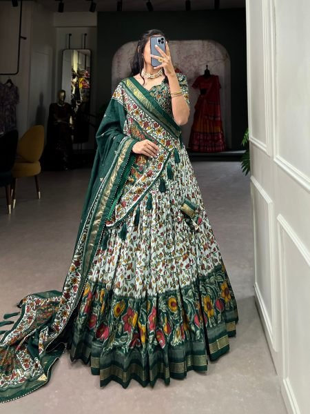 Minimalist Green Tusser Silk Floral Print Lehenga with Gotta Patti Dupatta for Party 