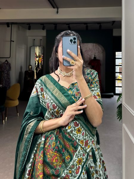 Minimalist Green Tusser Silk Floral Print Lehenga with Gotta Patti Dupatta for Party Designer Lehenga Choli