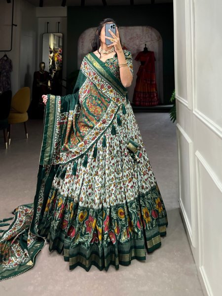 Minimalist Green Tusser Silk Floral Print Lehenga with Gotta Patti Dupatta for Party Designer Lehenga Choli