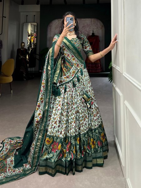 Minimalist Green Tusser Silk Floral Print Lehenga with Gotta Patti Dupatta for Party Designer Lehenga Choli