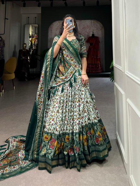 Minimalist Green Tusser Silk Floral Print Lehenga with Gotta Patti Dupatta for Party Designer Lehenga Choli