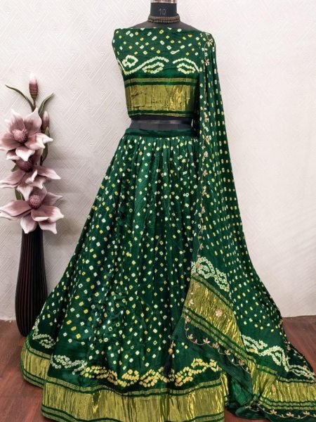 Minimalist Green Wedding Bandhej Gaji Silk Lehenga Choli with Traditional Danee Work Shop by Occasion