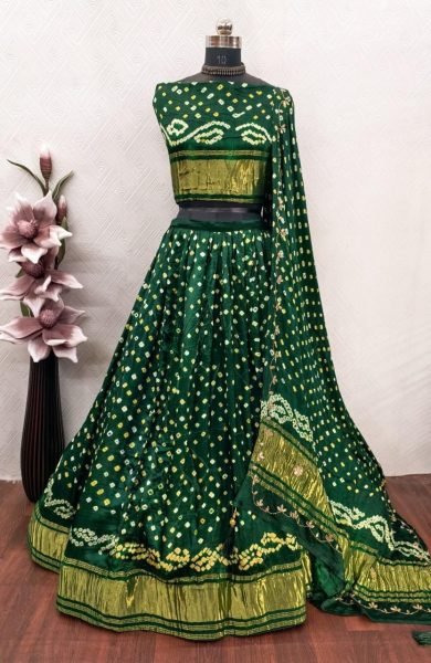 Minimalist Green Wedding Bandhej Gaji Silk Lehenga Choli with Traditional Danee Work Navratri Lehnega Choli
