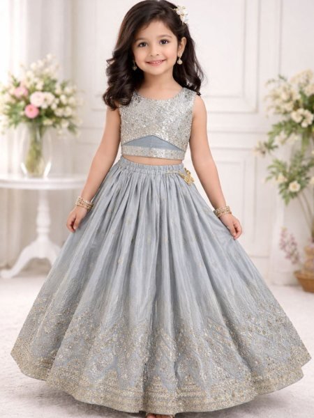 Minimalist Grey Kids Lehenga Set with Embroidered Blouse for Special Occasions Kurtis