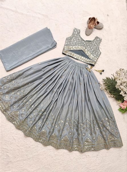 Minimalist Grey Kids Lehenga Set with Embroidered Blouse for Special Occasions Girls Wear