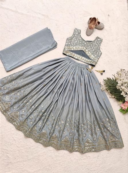 Minimalist Grey Kids Lehenga Set with Embroidered Blouse for Special Occasions Girls Wear