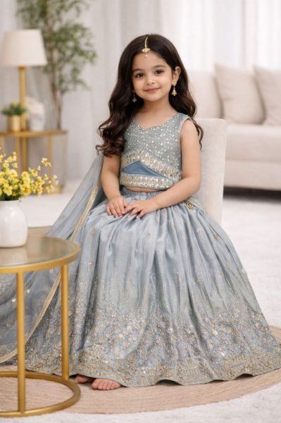 Minimalist Grey Kids Lehenga Set with Embroidered Blouse for Special Occasions Girls Wear