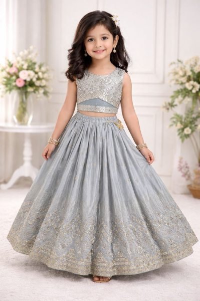 Minimalist Grey Kids Lehenga Set with Embroidered Blouse for Special Occasions Girls Wear