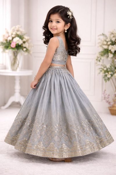 Minimalist Grey Kids Lehenga Set with Embroidered Blouse for Special Occasions Girls Wear