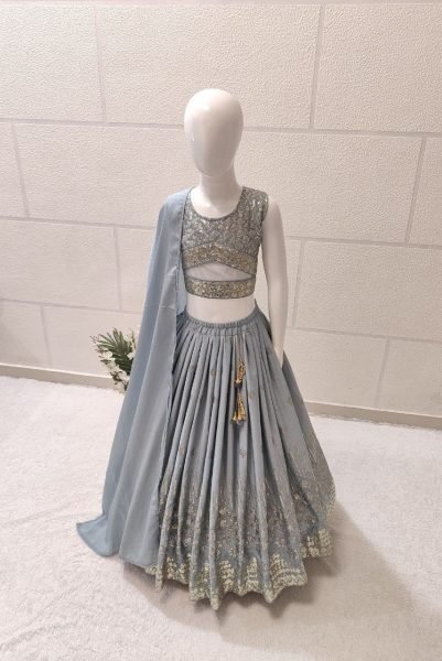 Minimalist Grey Kids Lehenga Set with Embroidered Blouse for Special Occasions Girls Wear