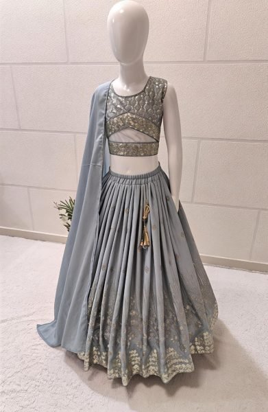 Minimalist Grey Kids Lehenga Set with Embroidered Blouse for Special Occasions Girls Wear