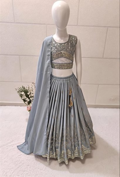 Minimalist Grey Kids Lehenga Set with Embroidered Blouse for Special Occasions Girls Wear