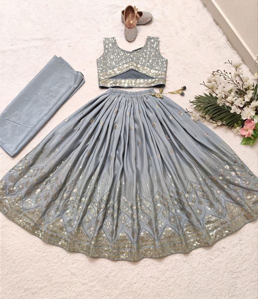 Minimalist Grey Kids Lehenga Set with Embroidered Blouse for Special Occasions Girls Wear