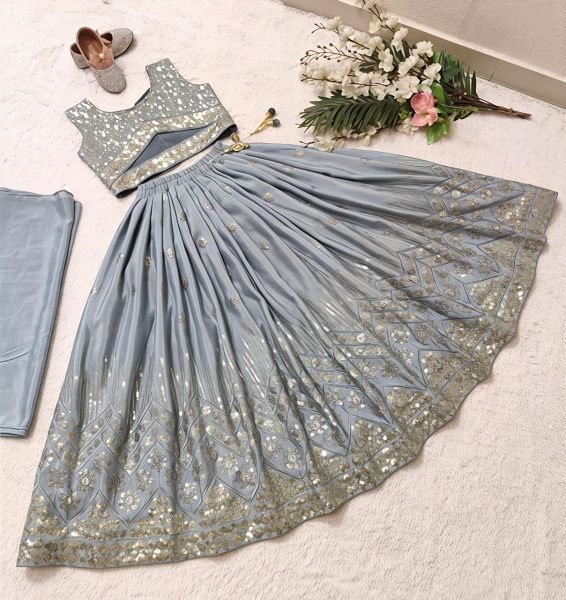 Minimalist Grey Kids Lehenga Set with Embroidered Blouse for Special Occasions Girls Wear