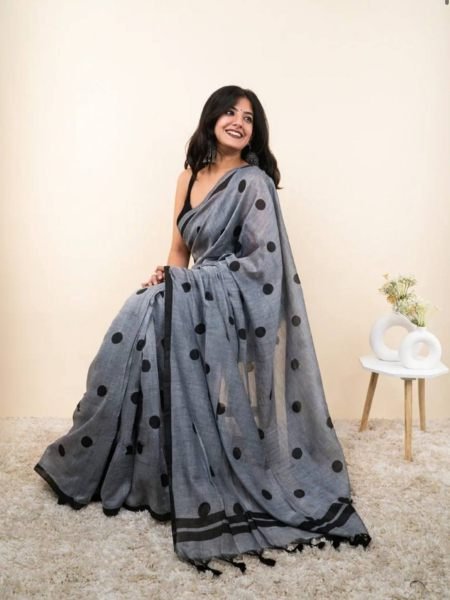 Minimalist Grey Linen Cotton Saree with Digital Print and Zahlar at Manufacturer  