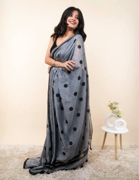Minimalist Grey Linen Cotton Saree with Digital Print and Zahlar at Manufacturer  Printed Cotton Sarees Wholesale