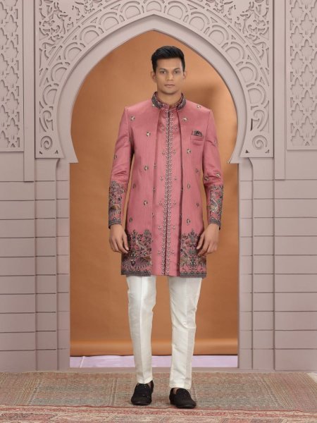 Minimalist Hot Pink Designer Art Silk Suit Collection with Computer Thread Work Mens Wear