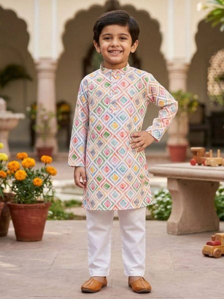 Minimalist Ivory Boutique Collection Printed Kids Kurta at Wholesale Rate Mens Wear