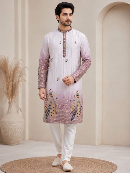 Minimalist Lavender Embroidered Malai Satin Kurta with Raymond Cotton Pyjama 