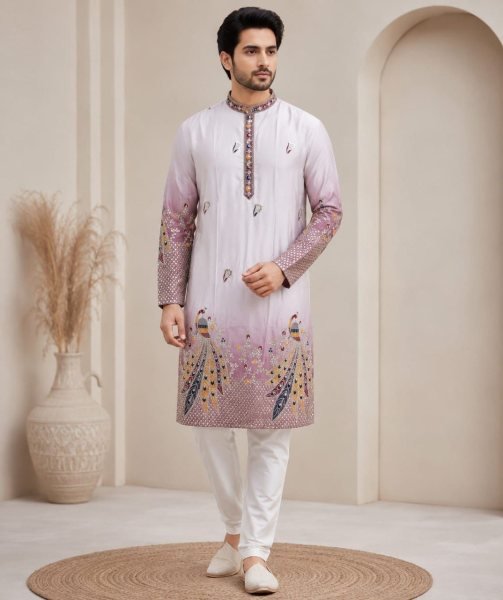 Minimalist Lavender Embroidered Malai Satin Kurta with Raymond Cotton Pyjama Kurta Pajama Wholesale