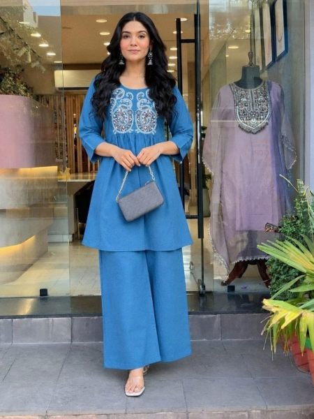 Minimalist Light Blue Designer Cotton Cord Set with Embroidery Work 