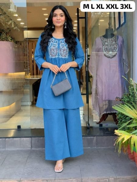 Minimalist Light Blue Designer Cotton Cord Set with Embroidery Work CO ORD Sets