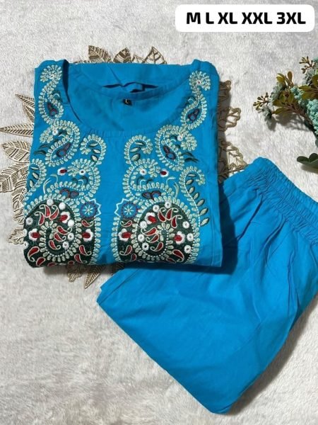 Minimalist Light Blue Designer Cotton Cord Set with Embroidery Work CO ORD Sets