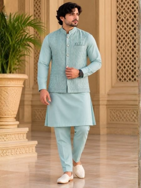 Minimalist Light Blue Ready to Wear Malai Satin Kurta Koti Pyjama Set at Manufacturer 