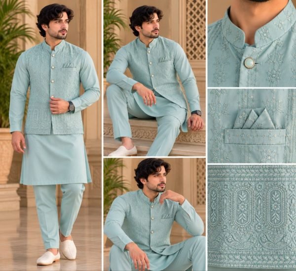 Minimalist Light Blue Ready to Wear Malai Satin Kurta Koti Pyjama Set at Manufacturer  Kurta Pajama Wholesale
