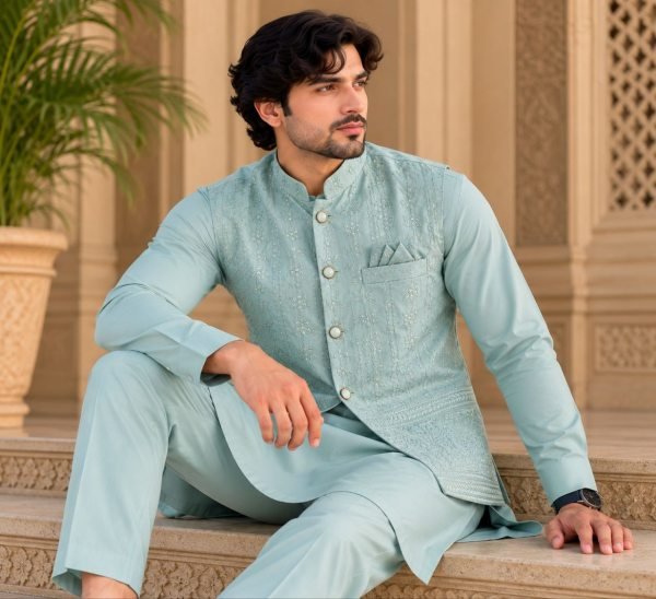 Minimalist Light Blue Ready to Wear Malai Satin Kurta Koti Pyjama Set at Manufacturer  Kurta Pajama Wholesale
