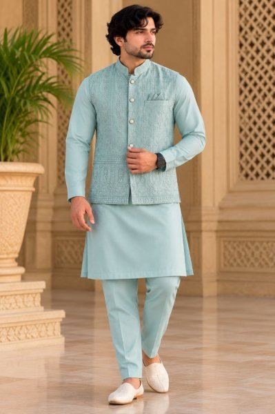 Minimalist Light Blue Ready to Wear Malai Satin Kurta Koti Pyjama Set at Manufacturer  Kurta Pajama Wholesale