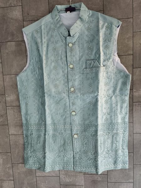 Minimalist Light Blue Ready to Wear Malai Satin Kurta Koti Pyjama Set at Manufacturer  Kurta Pajama Wholesale
