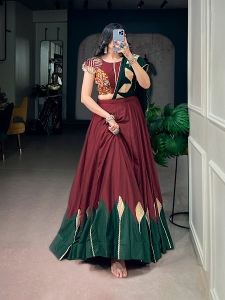 Minimalist Maroon Chinon Lehenga Choli with Gamthi Embroidered Blouse and Kodi Lace Navratri Lehnega Choli