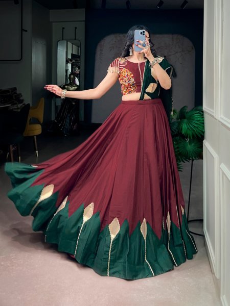 Minimalist Maroon Chinon Lehenga Choli with Gamthi Embroidered Blouse and Kodi Lace Navratri Lehnega Choli