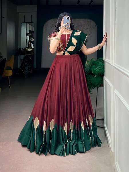 Minimalist Maroon Chinon Lehenga Choli with Gamthi Embroidered Blouse and Kodi Lace Navratri Lehnega Choli