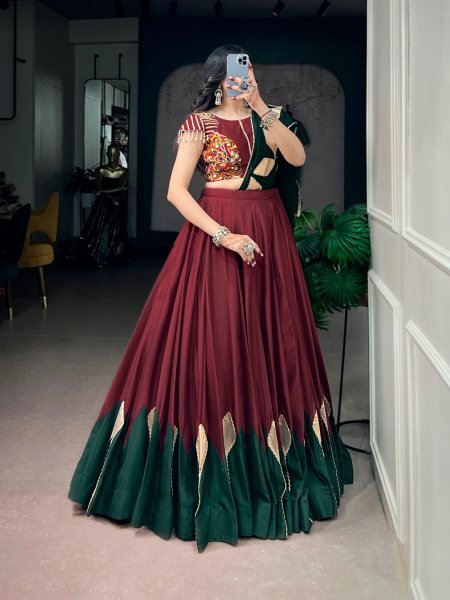 Minimalist Maroon Chinon Lehenga Choli with Gamthi Embroidered Blouse and Kodi Lace Navratri Lehnega Choli