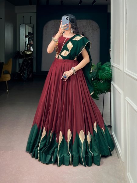 Minimalist Maroon Chinon Lehenga Choli with Gamthi Embroidered Blouse and Kodi Lace Navratri Lehnega Choli
