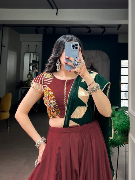 Minimalist Maroon Chinon Lehenga Choli with Gamthi Embroidered Blouse and Kodi Lace Navratri Lehnega Choli
